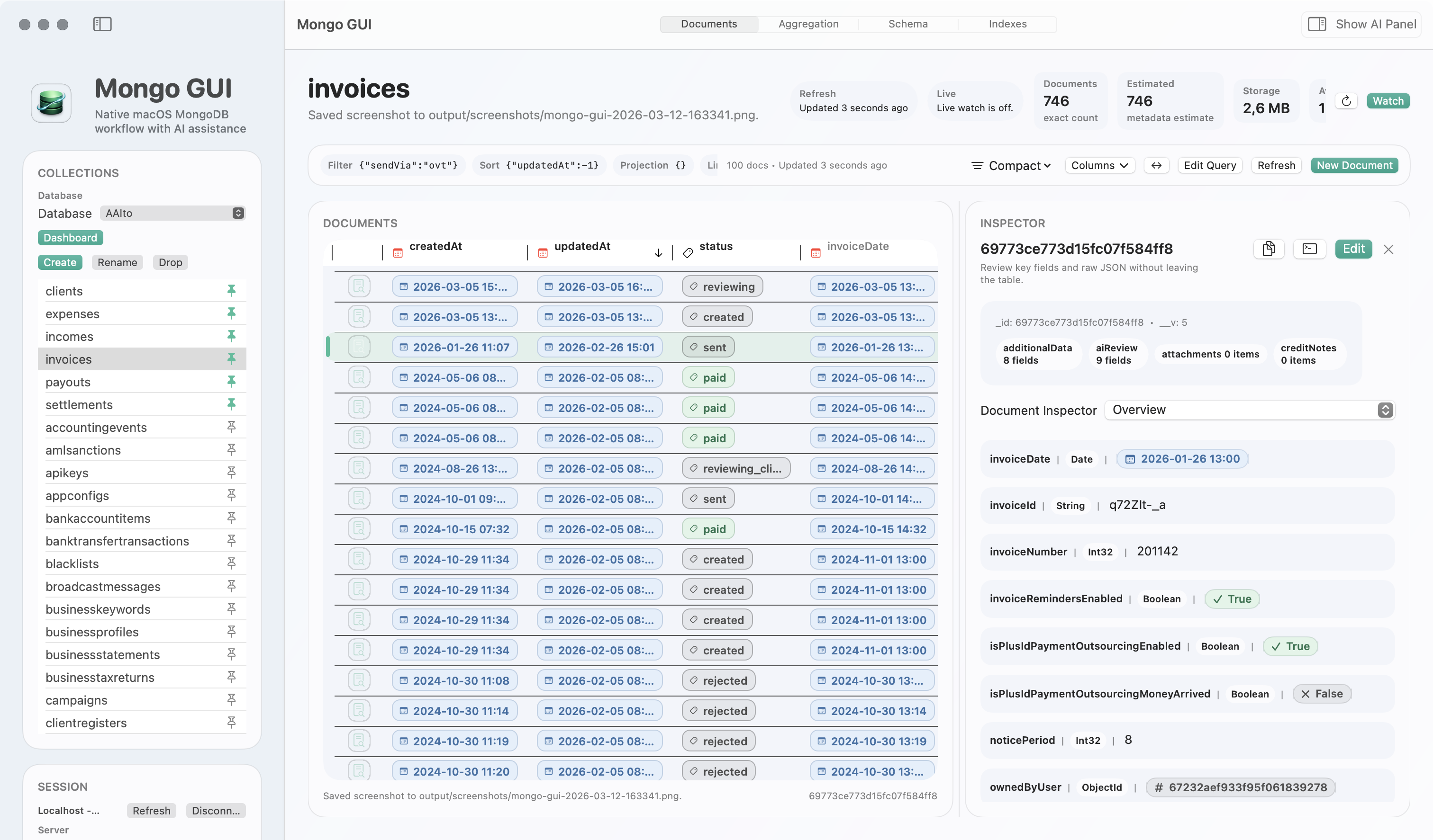 Mongo GUI documents workspace with the AI assistant side panel open