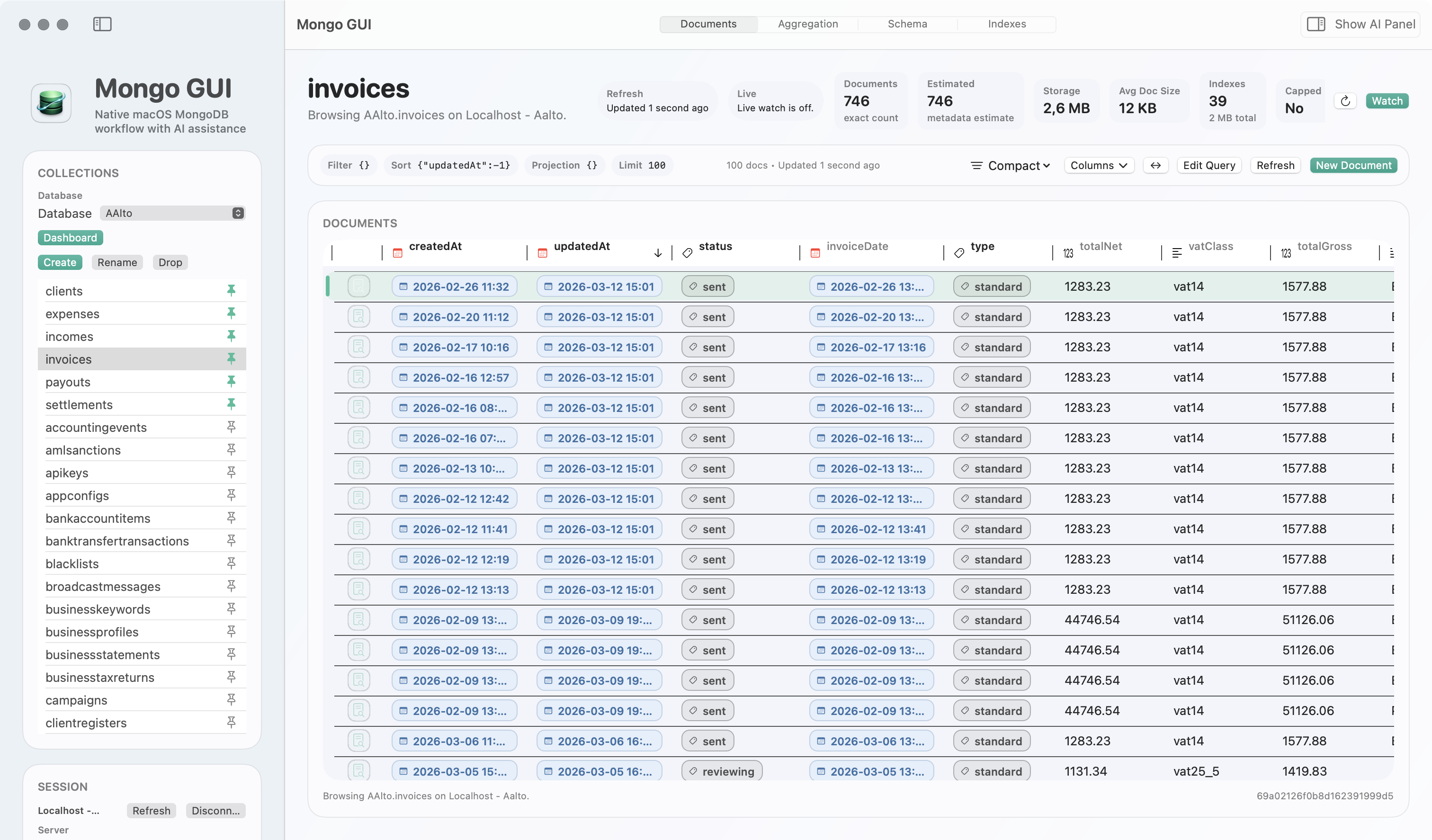 Mongo GUI document browser with collection metrics and live watch status