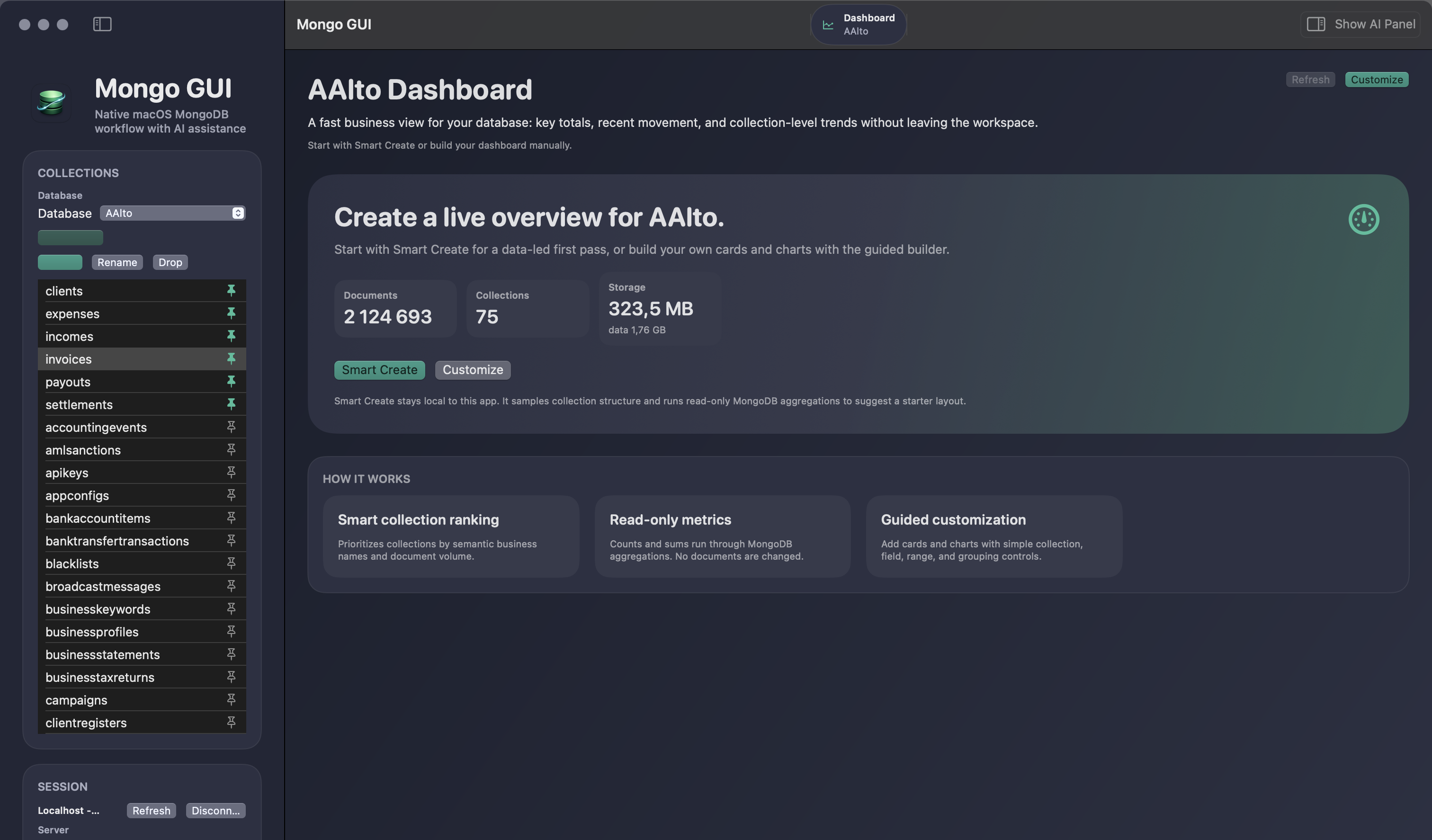 Mongo GUI dark-mode database dashboard with Smart Create and customization controls