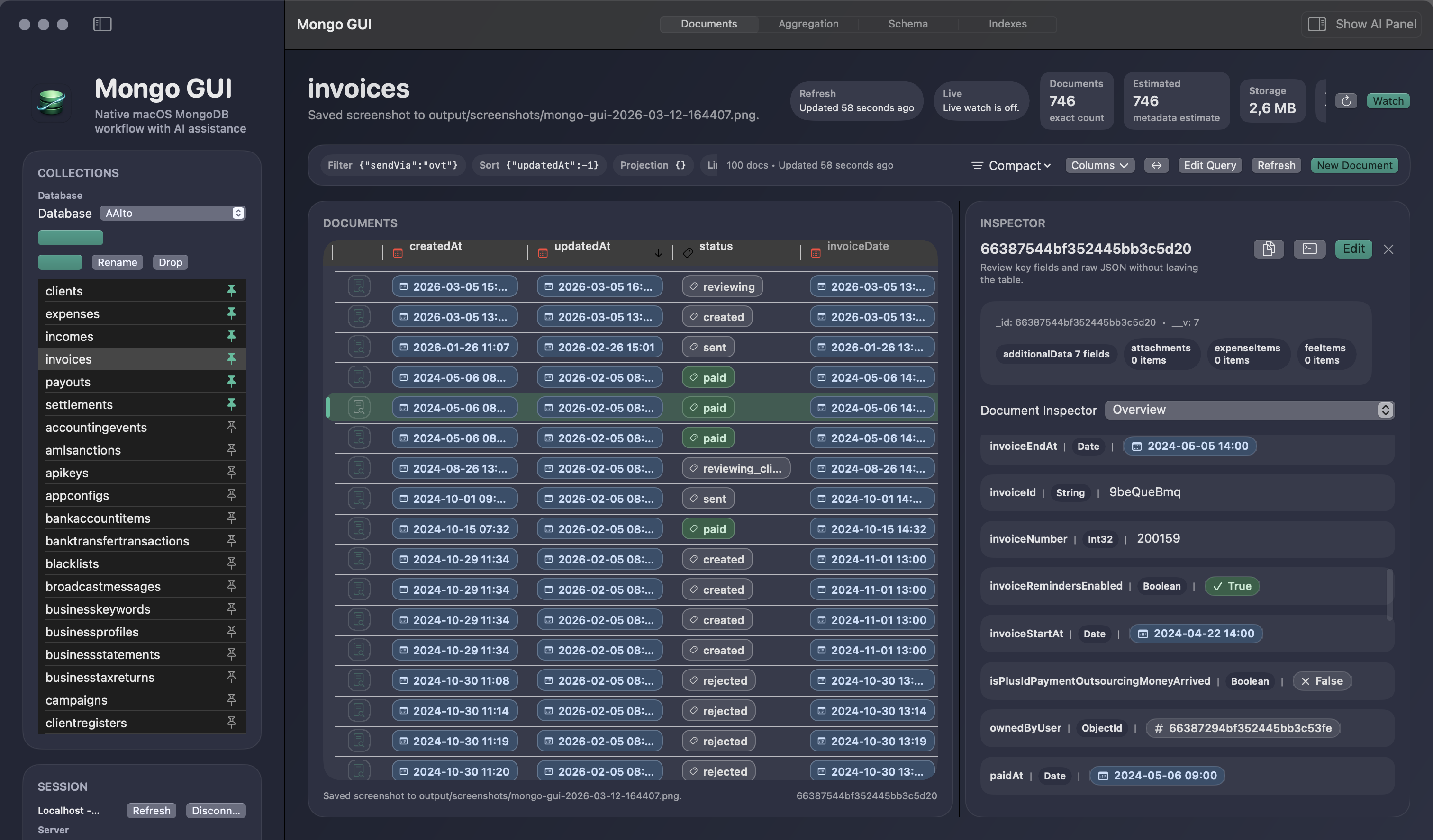 Mongo GUI dark-mode document browser with the document inspector open beside the table