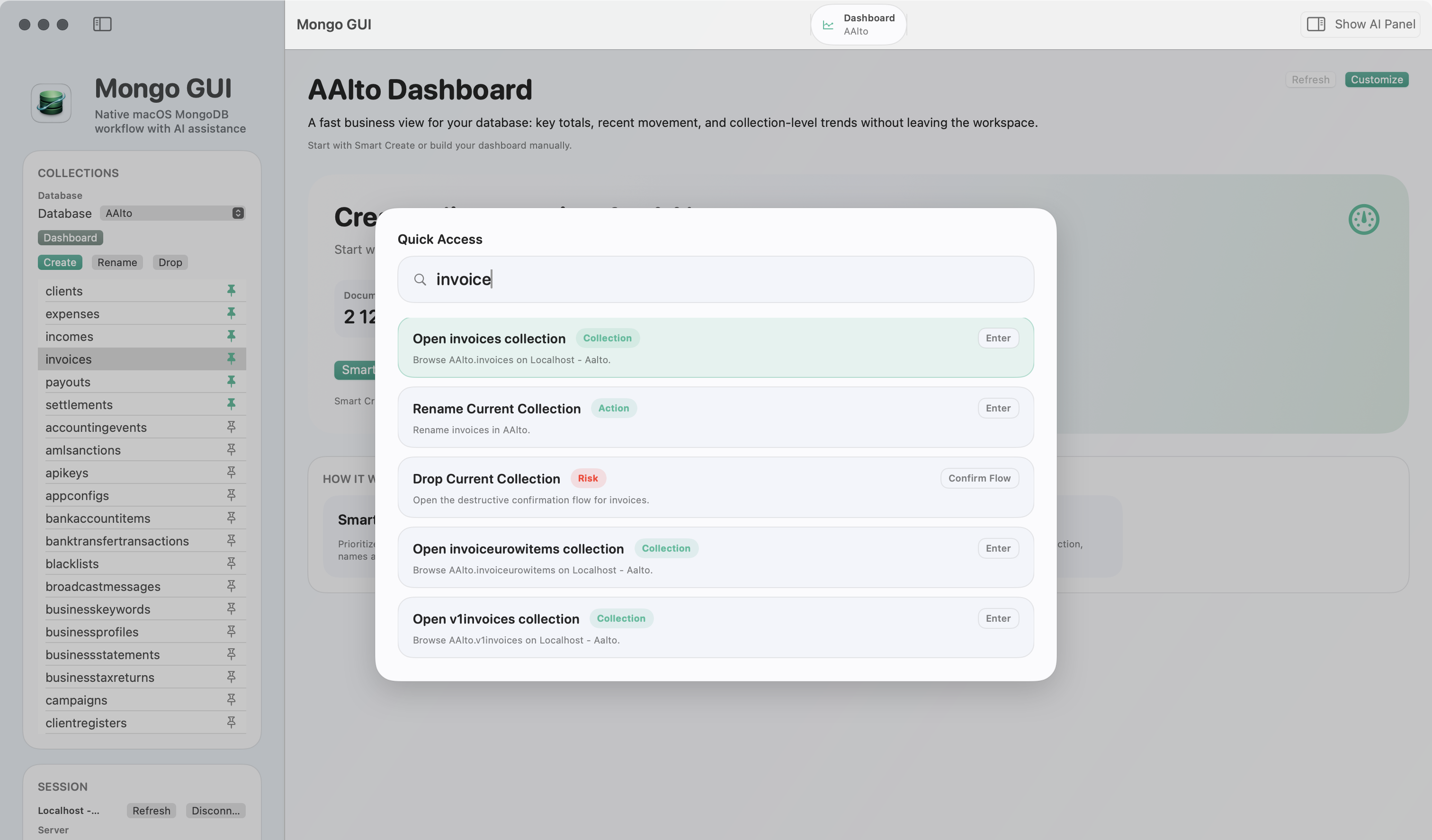 Mongo GUI quick access palette over the dashboard workspace