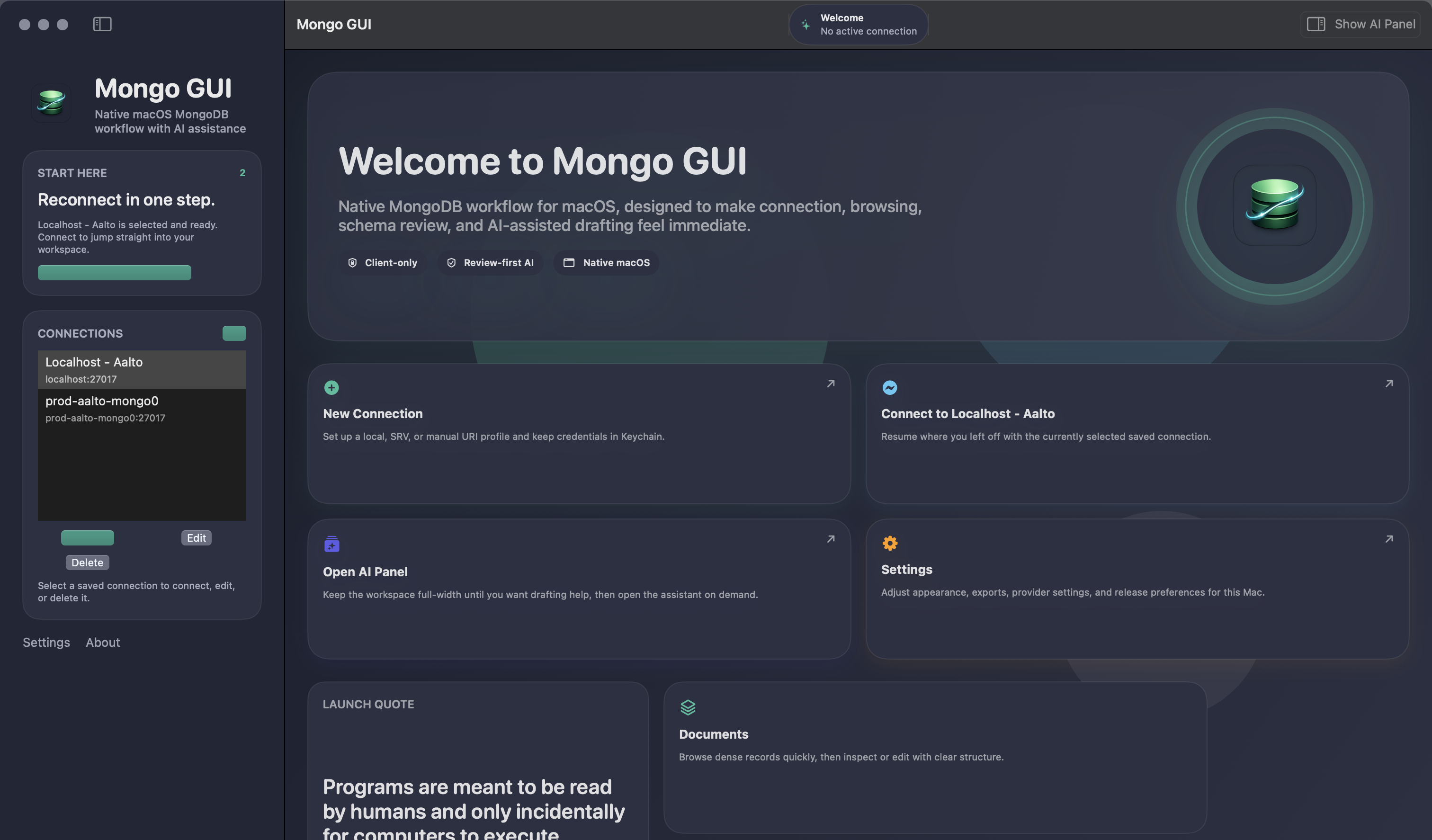 Mongo GUI dark-mode welcome page with reconnect and setup actions